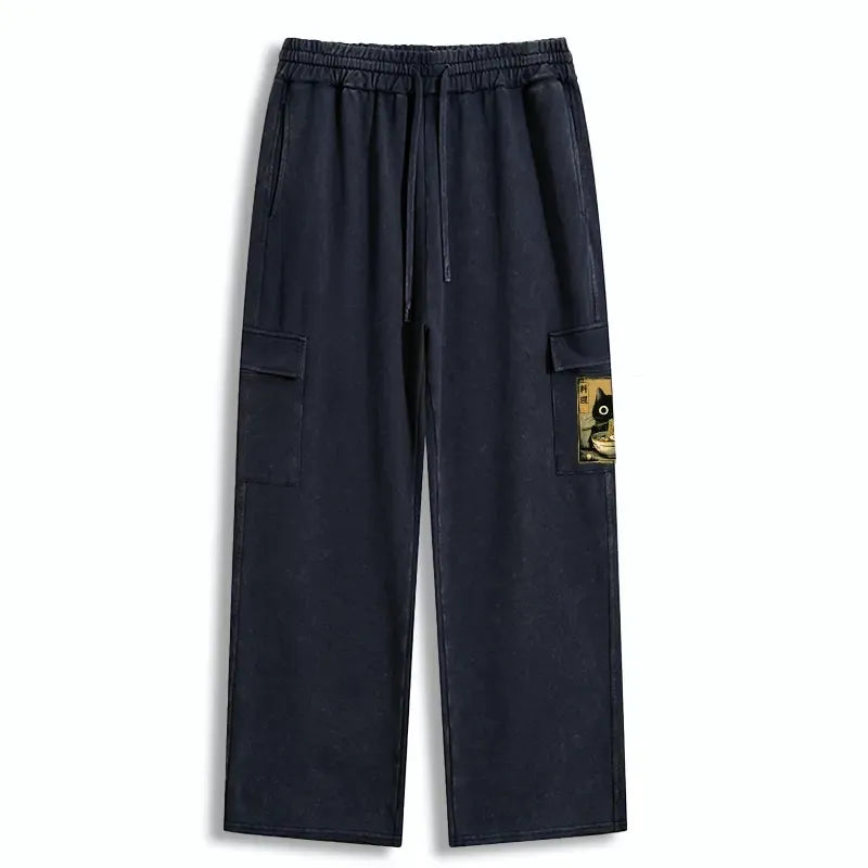 Cute Black Cat Sweatpants with Ramen Design