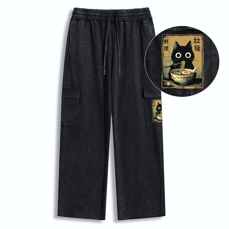 Kyoto-Lion Cute Black Cat Eating Ramen Japan Washed Utility Sweatpants