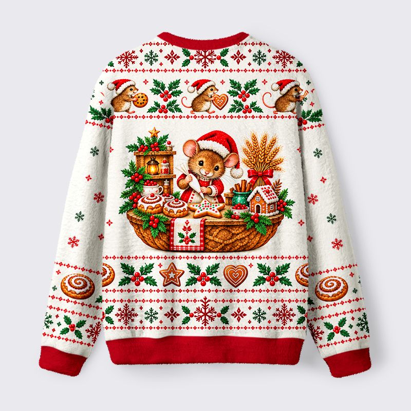 Kyoto-Lion Mouse Bakes Cookies Fuzzy Christmas Ugly Sweatshirt