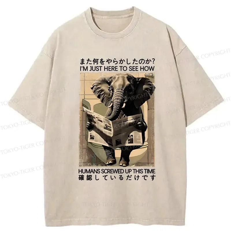 Kyoto-Lion Funny Elephant Reading Newspaper Washed T-Shirt