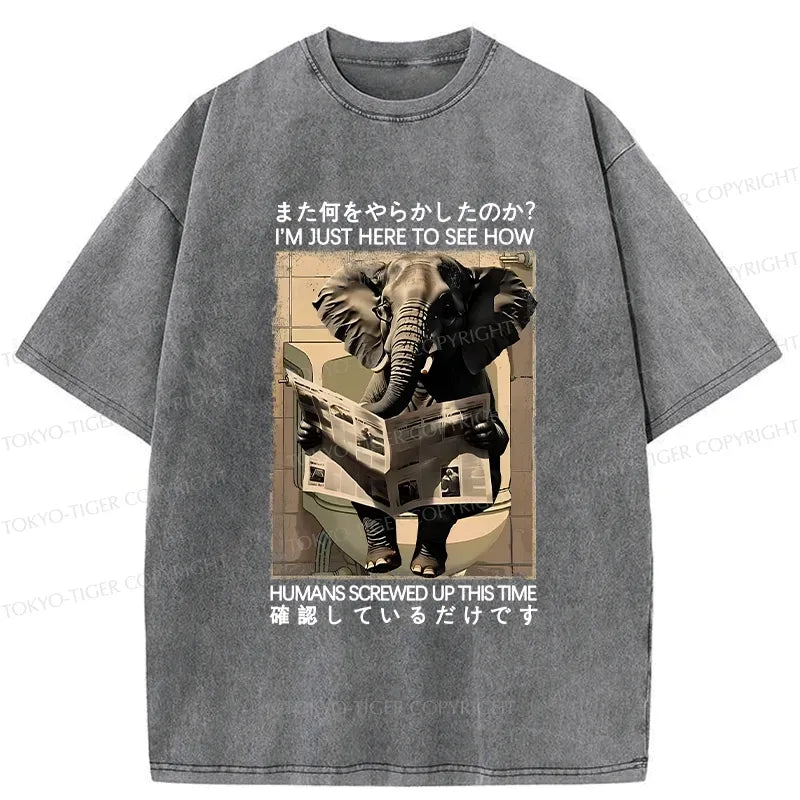 Kyoto-Lion Funny Elephant Reading Newspaper Washed T-Shirt