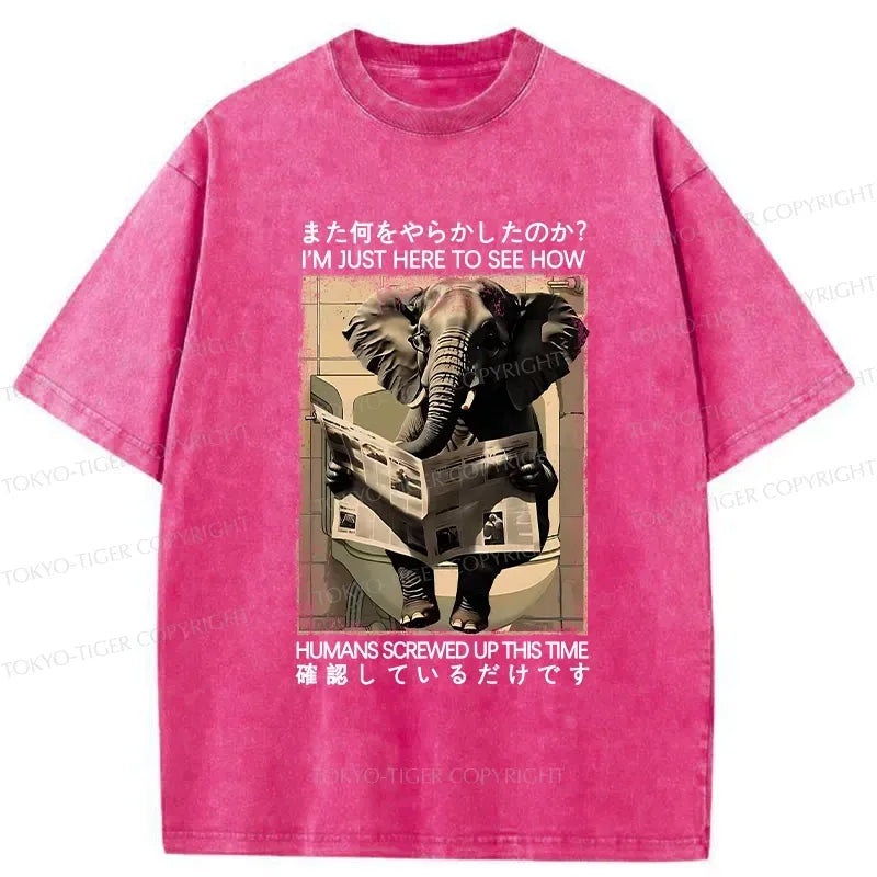 Kyoto-Lion Funny Elephant Reading Newspaper Washed T-Shirt