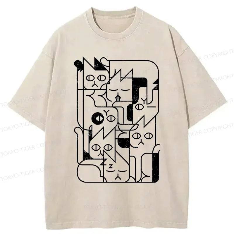 Kyoto-Lion Abstract Cat Funny Washed T-Shirt