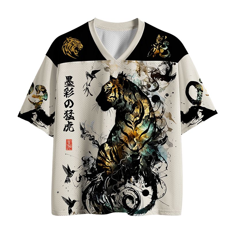 Kyoto-Lion Golden Tiger And Soaring Birds Mesh Jersey