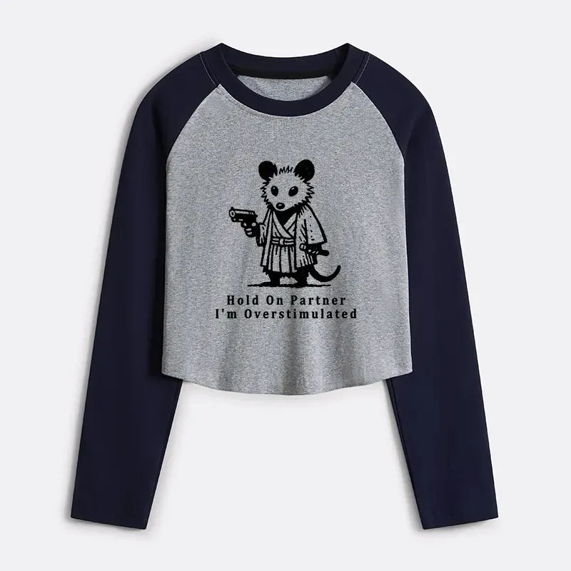 Kyoto-Lion Funny Possum Samurai Women's Crop Raglan T-Shirt