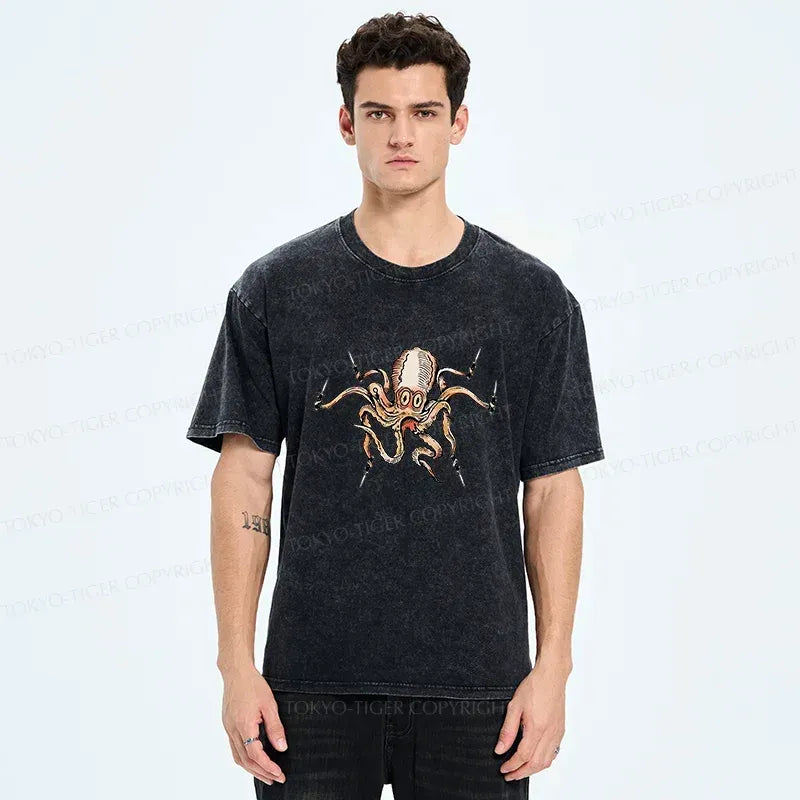 Kyoto-Lion Octopus With Knife Washed T-Shirt