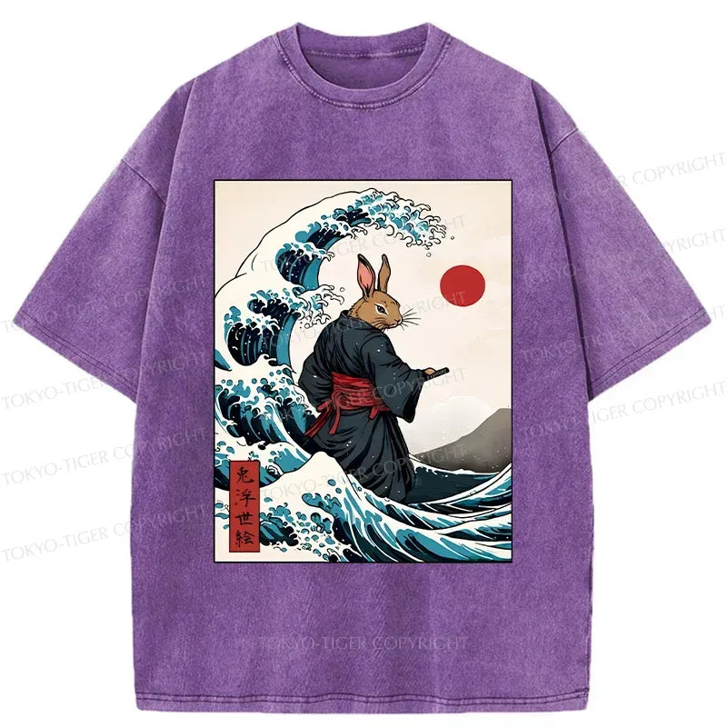 Kyoto-Lion Rabbit Samurai Japan Washed T-Shirt