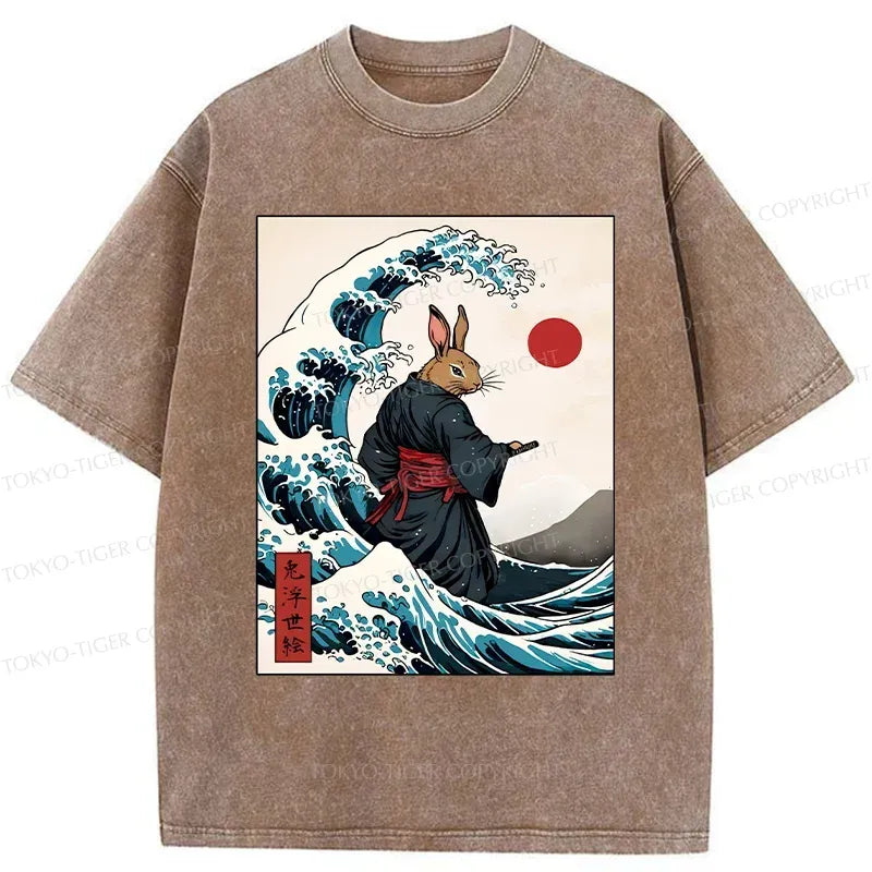 Kyoto-Lion Rabbit Samurai Japan Washed T-Shirt