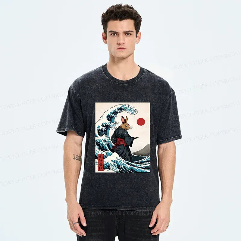 Japanese Rabbit Samurai Washed T-Shirt