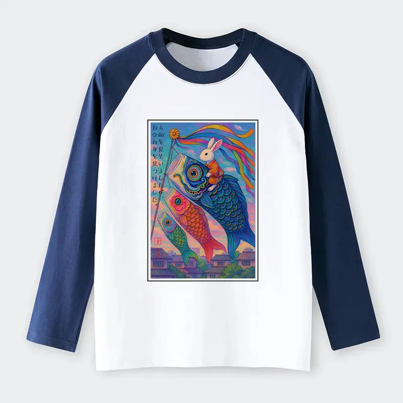 Kyoto-Lion Ukiyoe Rabbit Ride Carp streamer Poster Raglan Long Sleeve T-shirt