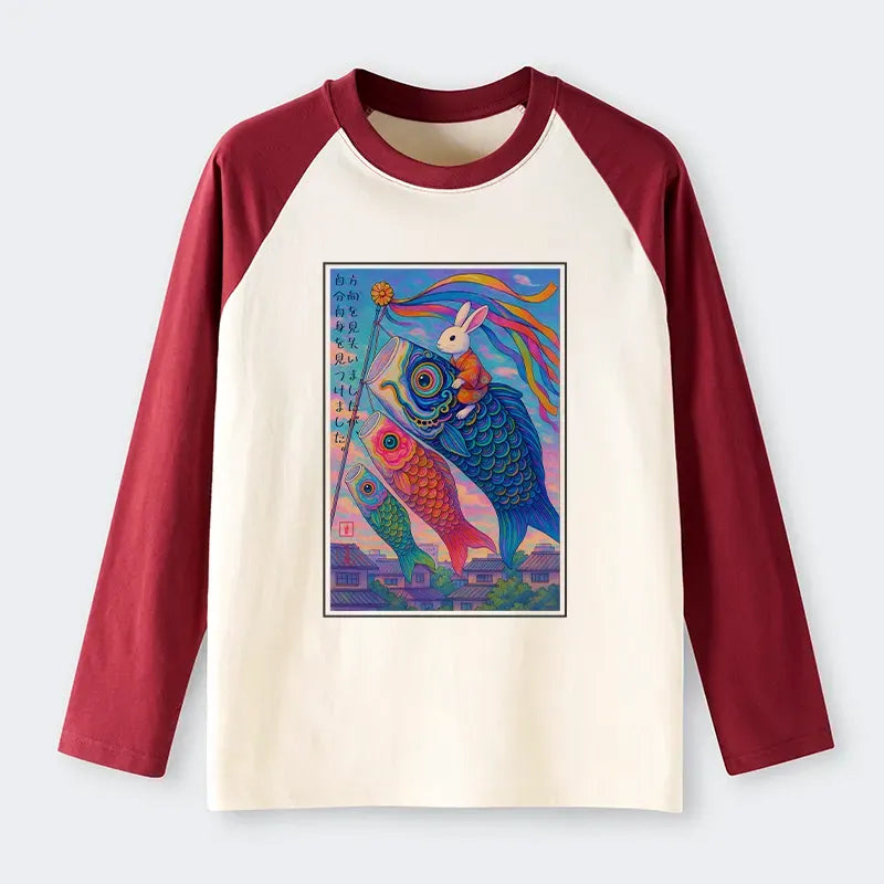 Kyoto-Lion Ukiyoe Rabbit Ride Carp streamer Poster Raglan Long Sleeve T-shirt
