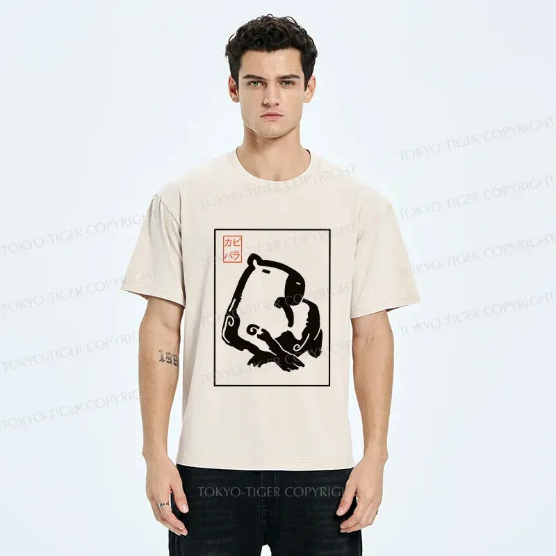 Kyoto-Lion Woodblock Print Capybara Washed T-Shirt