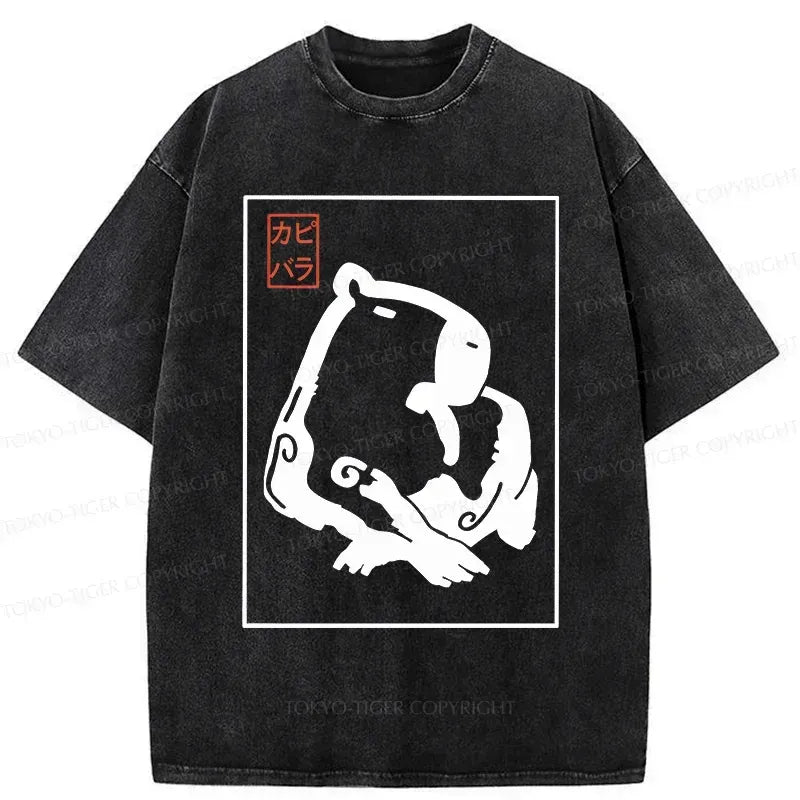 Kyoto-Lion Woodblock Print Capybara Washed T-Shirt
