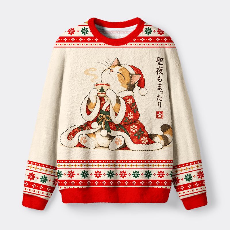 Kyoto-Lion Christmas Kimono Cat Fuzzy Christmas Ugly Sweatshirt