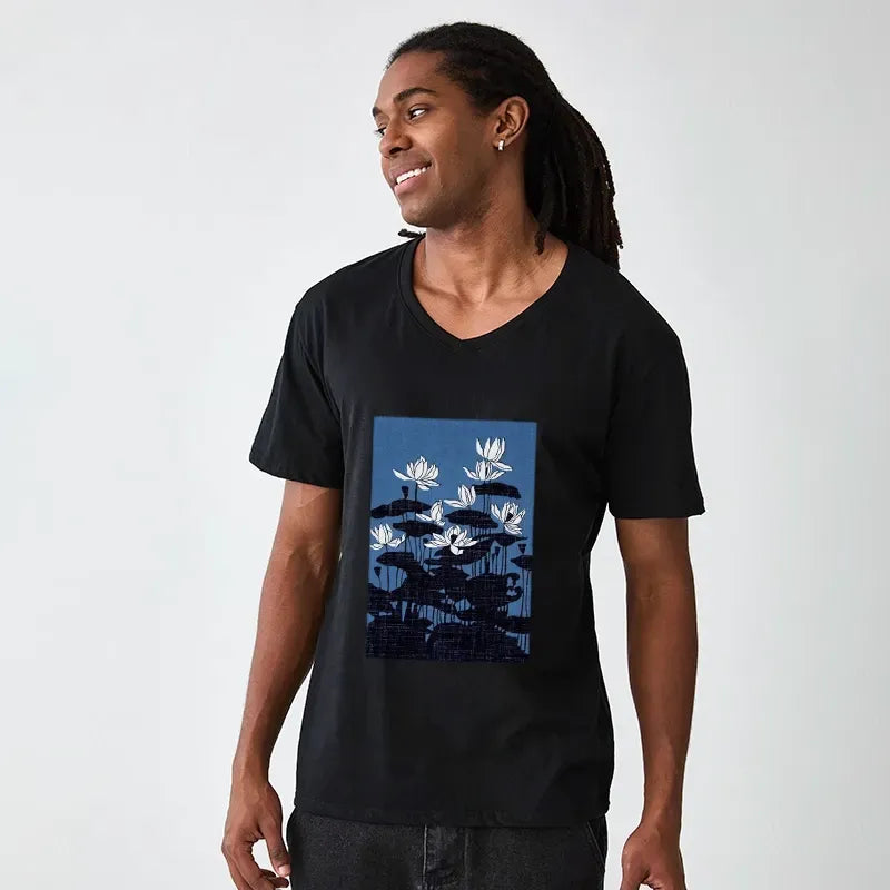 Kyoto-Lion Blue Lotus Japanese Art V-Neck Classic T-Shirt