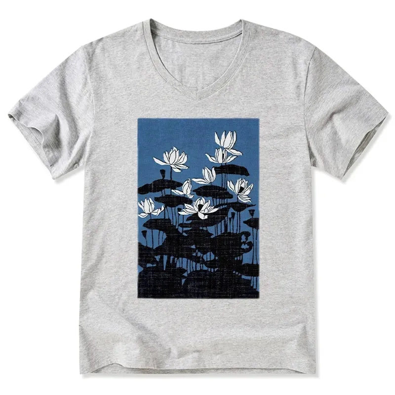 Kyoto-Lion Blue Lotus Japanese Art V-Neck Classic T-Shirt