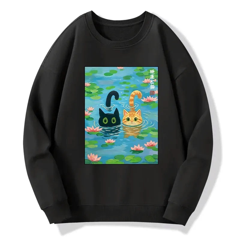 japanese cat lotus pond sweatshirt