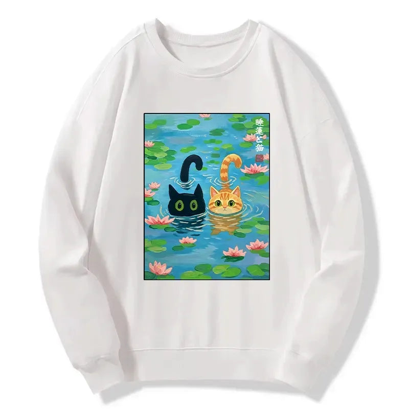 japanese cat lotus pond sweatshirt