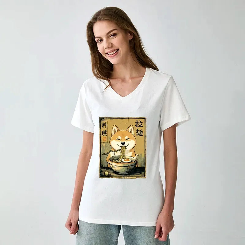 Happy Shiba Eating Ramen V-Neck