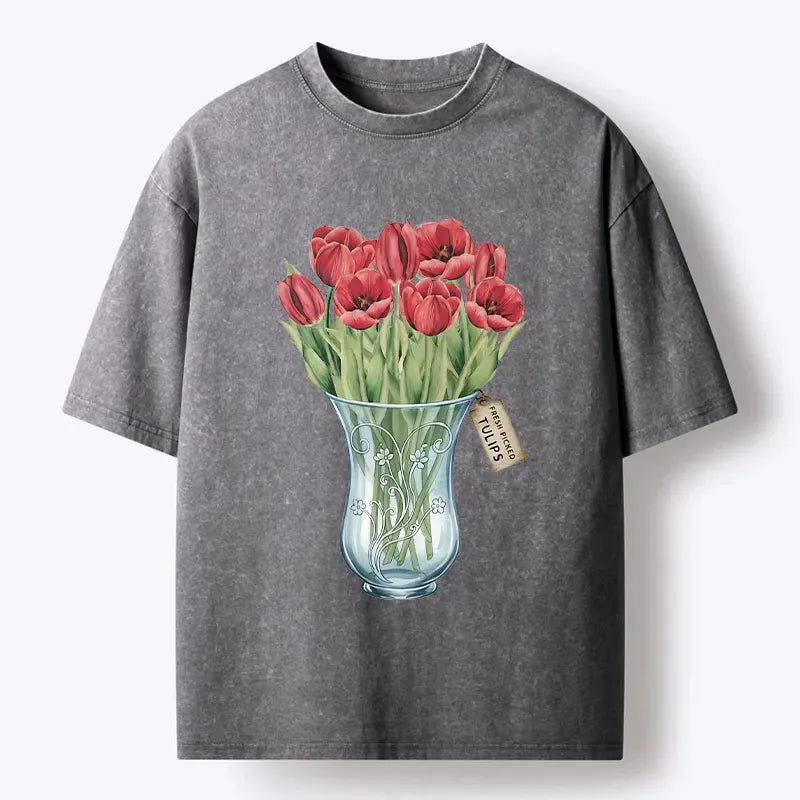 Kyoto-Lion Japanese Tulips Washed T-Shirt