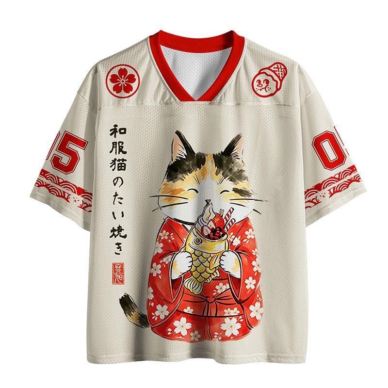 Japanese kimono cat mesh jersey for daily wear