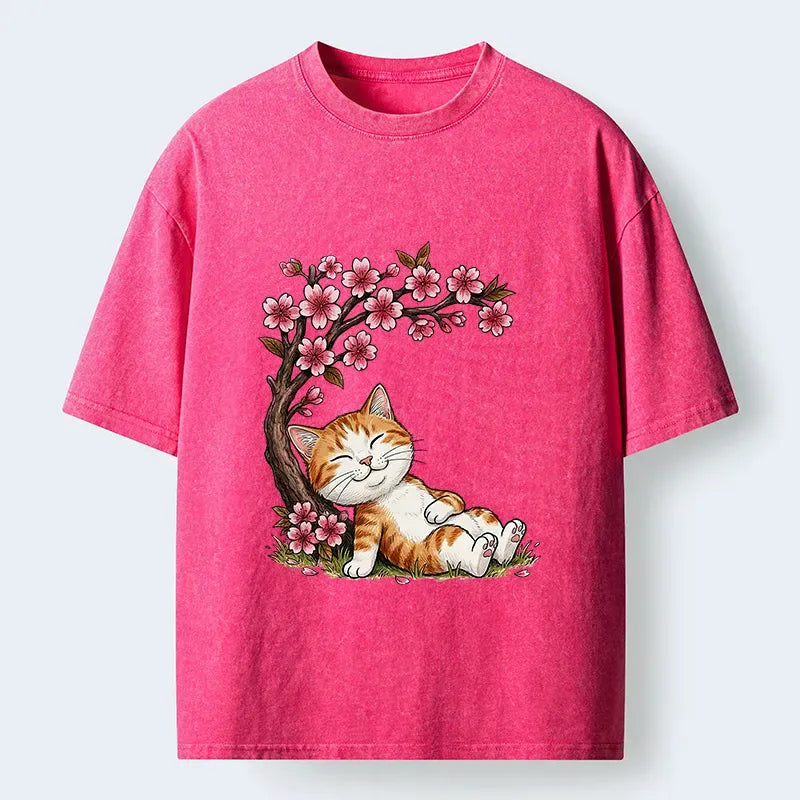 Kyoto-Lion Cat Sleeps Under Sakura Washed T-Shirt