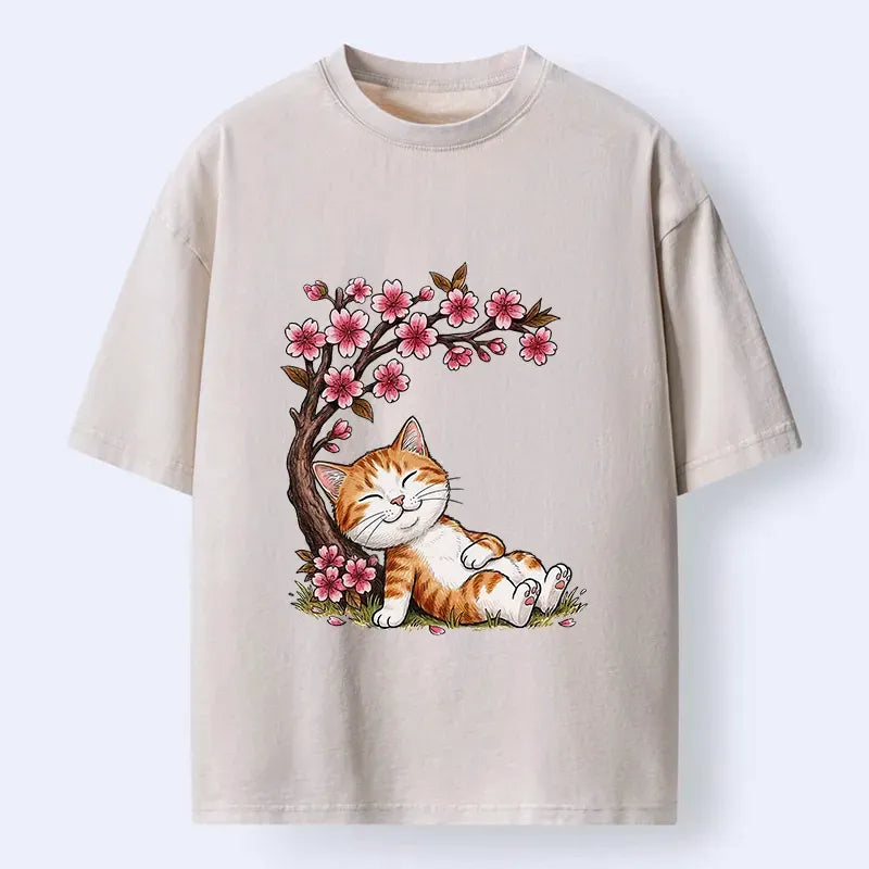 Kyoto-Lion Cat Sleeps Under Sakura Washed T-Shirt