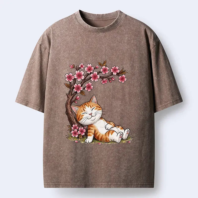 Kyoto-Lion Cat Sleeps Under Sakura Washed T-Shirt