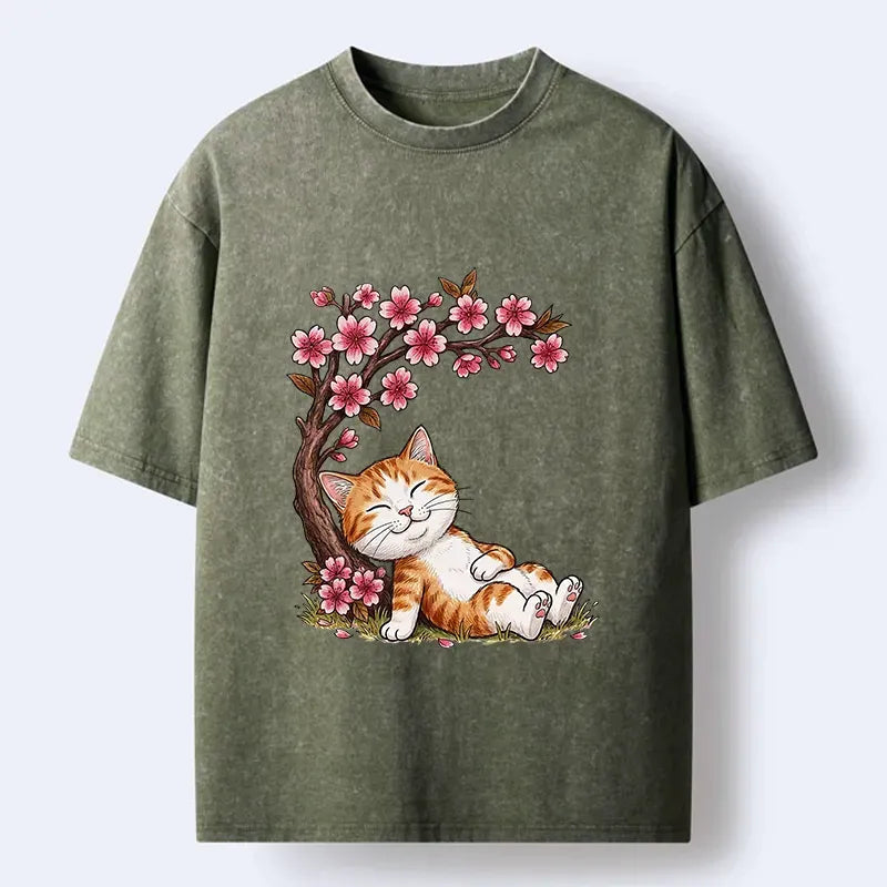 Kyoto-Lion Cat Sleeps Under Sakura Washed T-Shirt