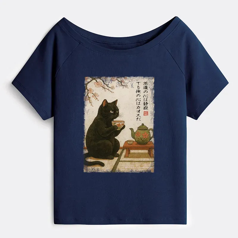 Japanese Black Cat Off Shoulder T-Shirt for Women