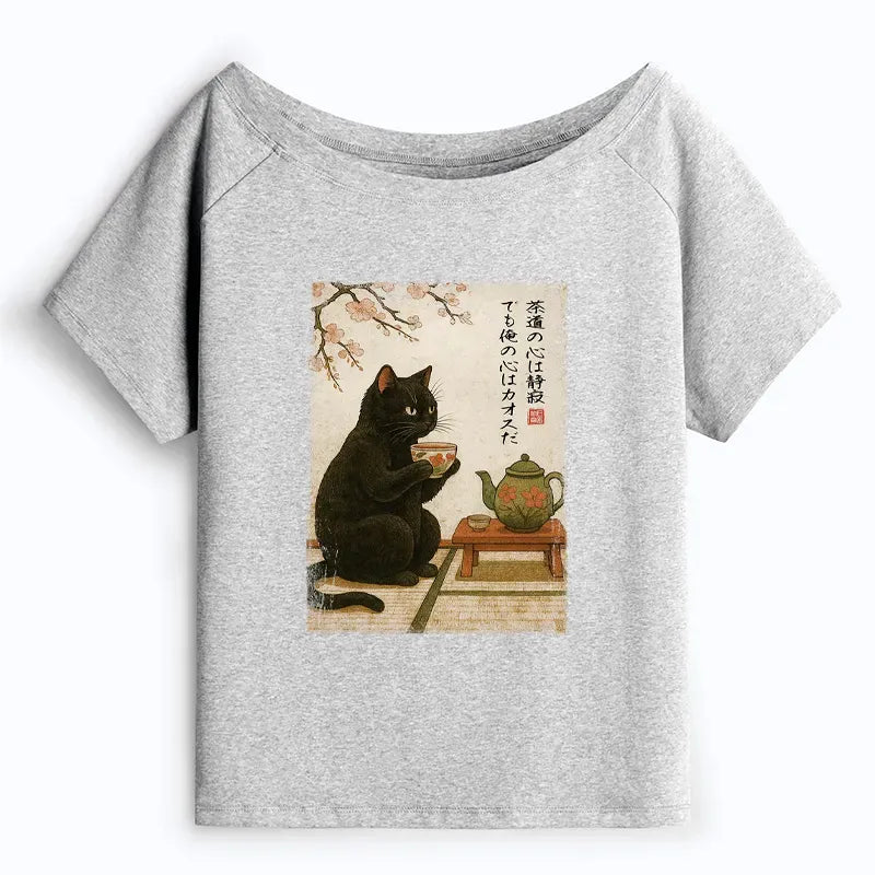 Japanese Black Cat Off Shoulder T-Shirt for Women
