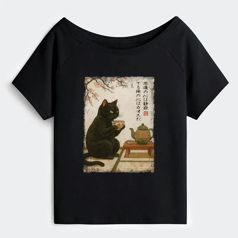 Kyoto-Lion Tea Time With A Black Cat Off Shoulder T-Shirt