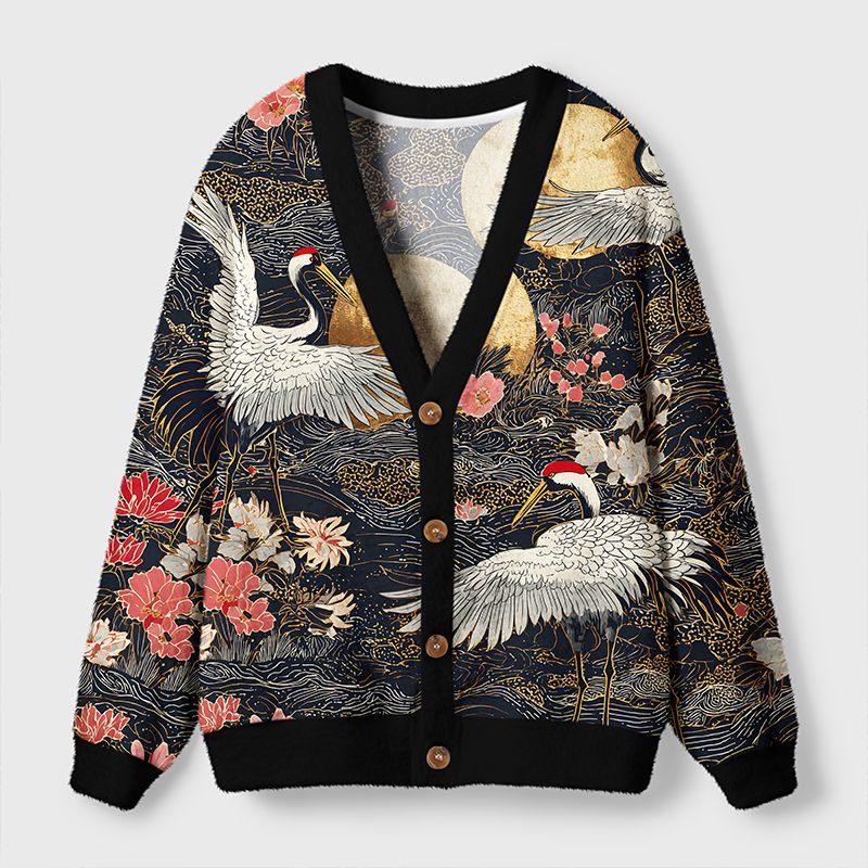 Kyoto-Lion Traditional Crane Ugly Cardigan Sweater