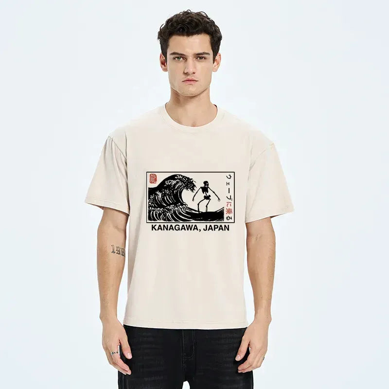 Kyoto-Lion Skeleton Surfing Japan Washed T-Shirt