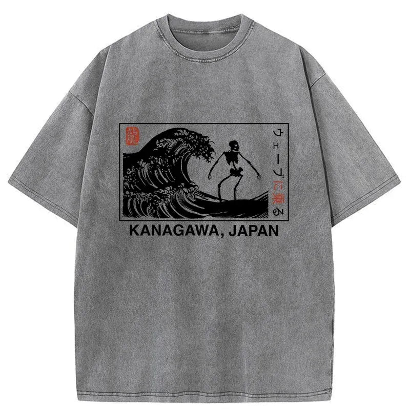 Kyoto-Lion Skeleton Surfing Japan Washed T-Shirt