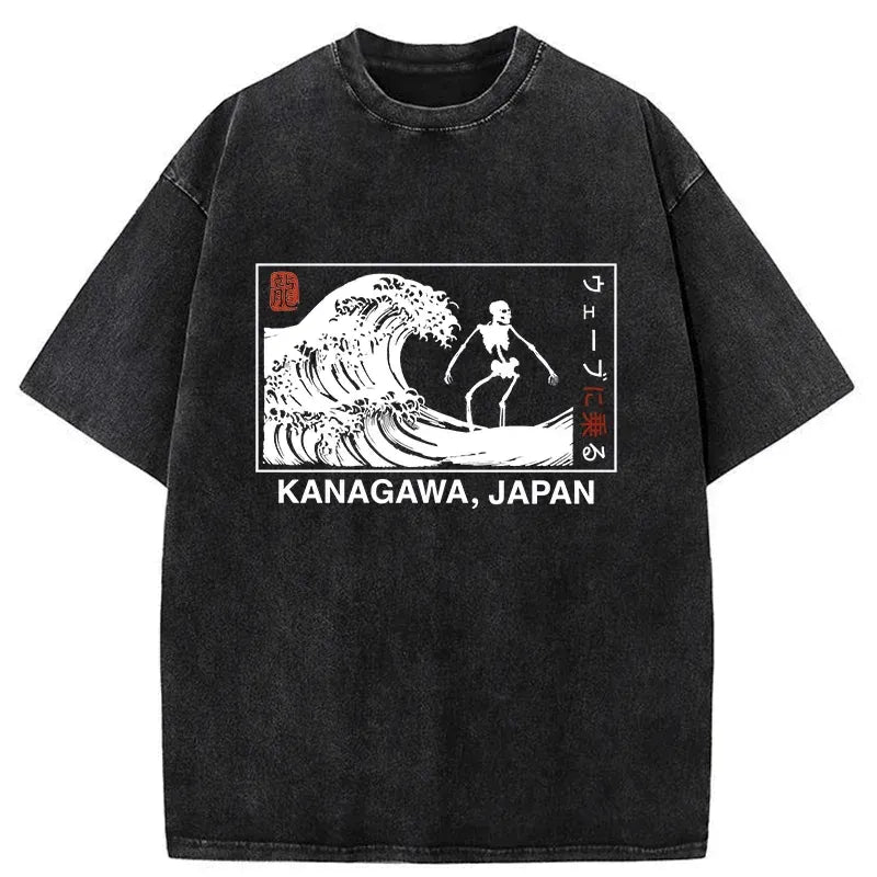 japanese skeleton surfing t-shirt for summer