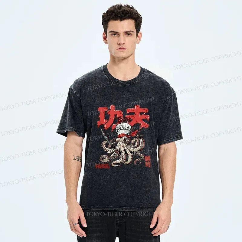 japanese octopus chef washed t-shirt