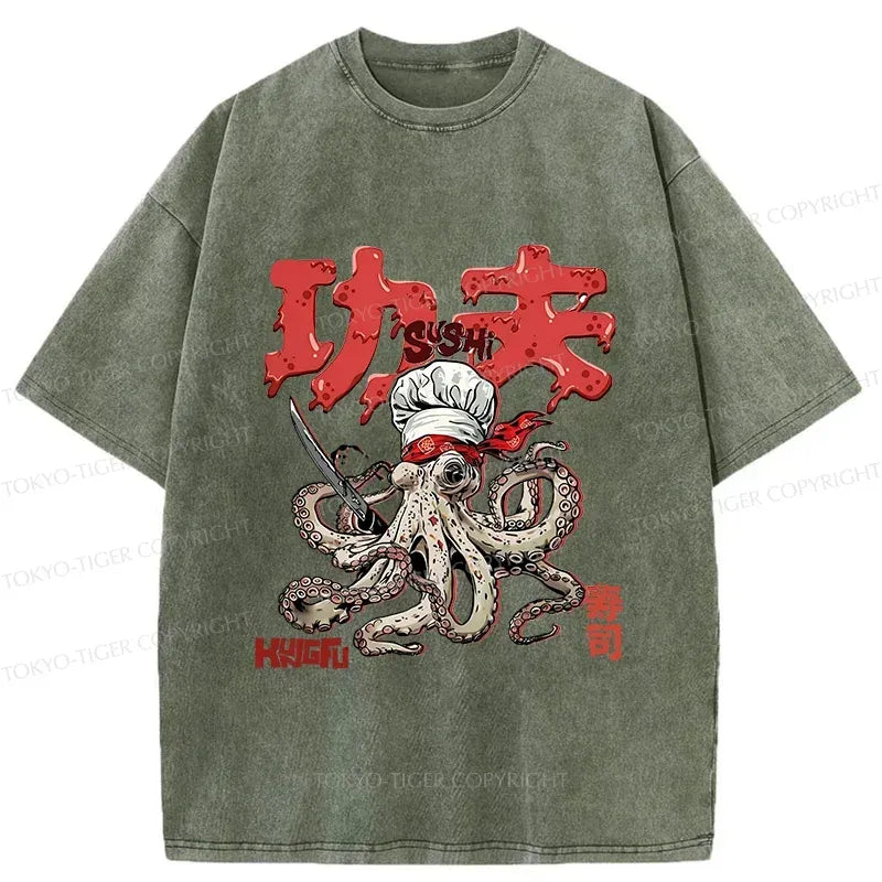 japanese octopus chef washed t-shirt