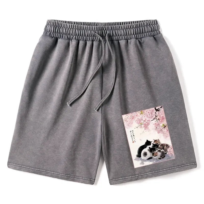 Kyoto-Lion Cute Cats Sakura Garden Washed Shorts