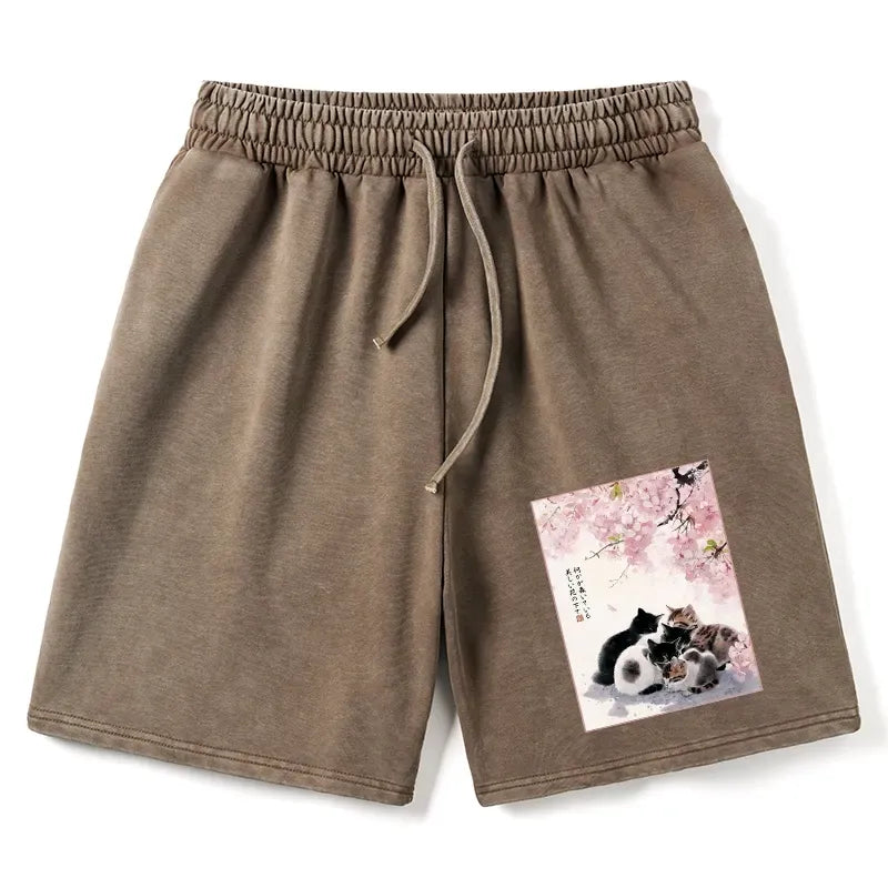 Kyoto-Lion Cute Cats Sakura Garden Washed Shorts