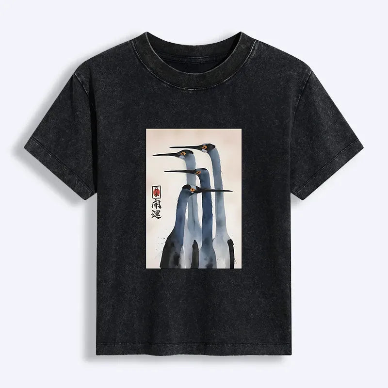 Japanese Retro Crane Graphic T-Shirt for Women