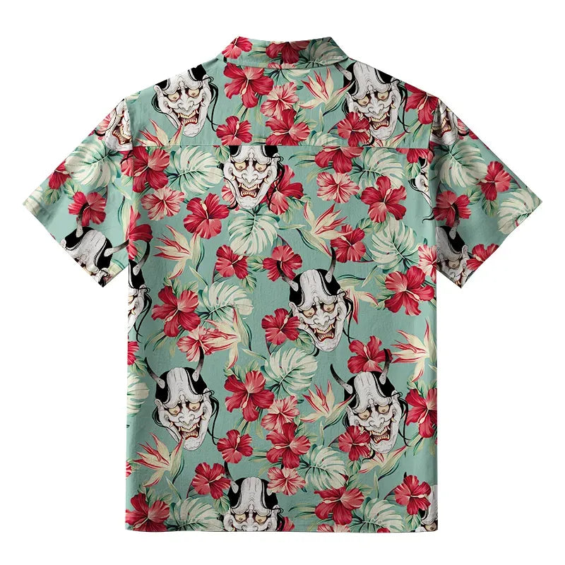 Kyoto-Lion Oni Mask And Flower Button-up Shirt