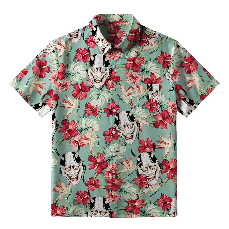 Japanese Oni Mask Button-up Shirt for Summer