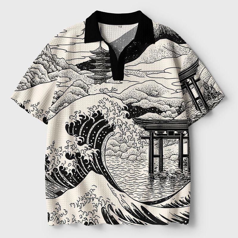 Retro Japanese Landscape Crochet Polo Shirt