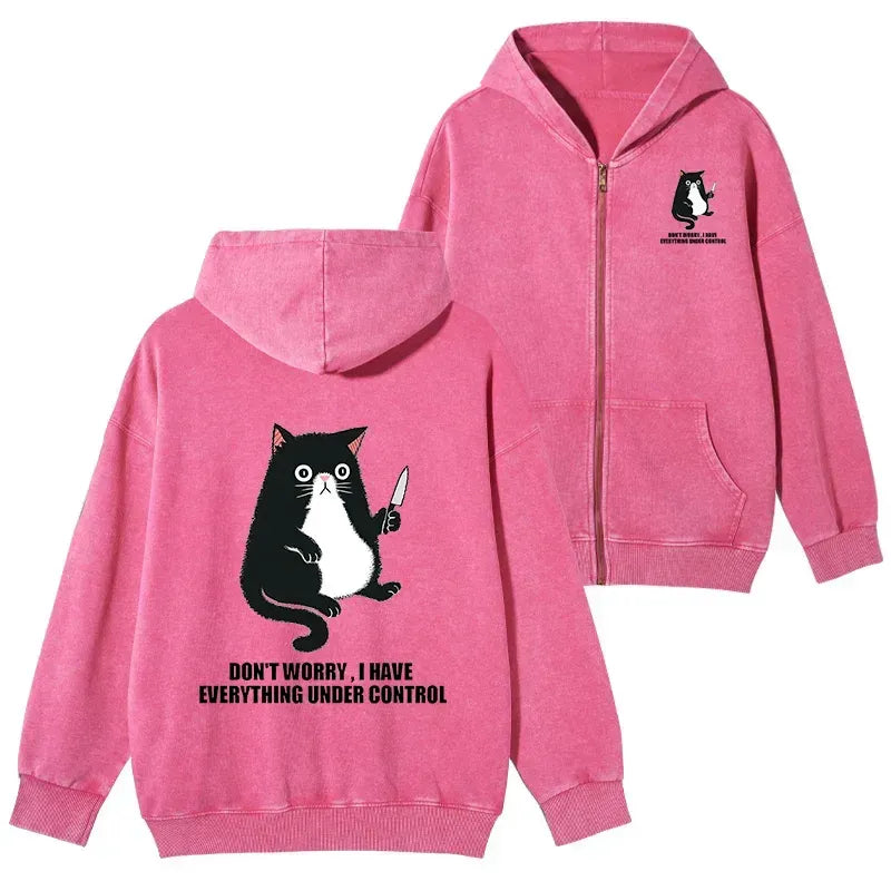 Kyoto-Lion Cat Said Don't Worry Washed Zip Hoodie