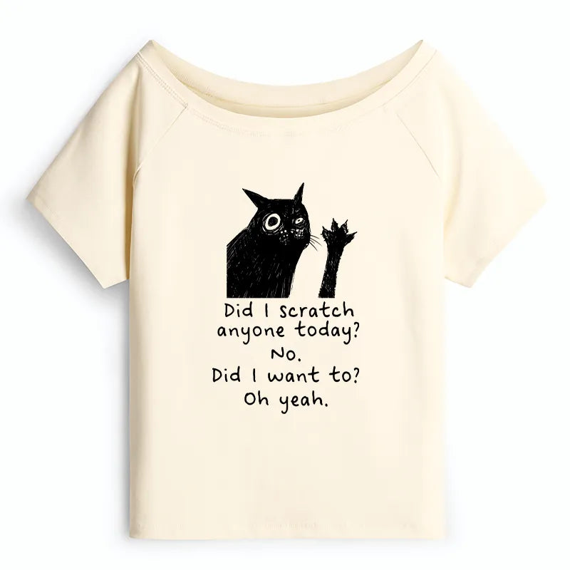 Kyoto-Lion Black Cat Scratches People Off Shoulder T-Shirt