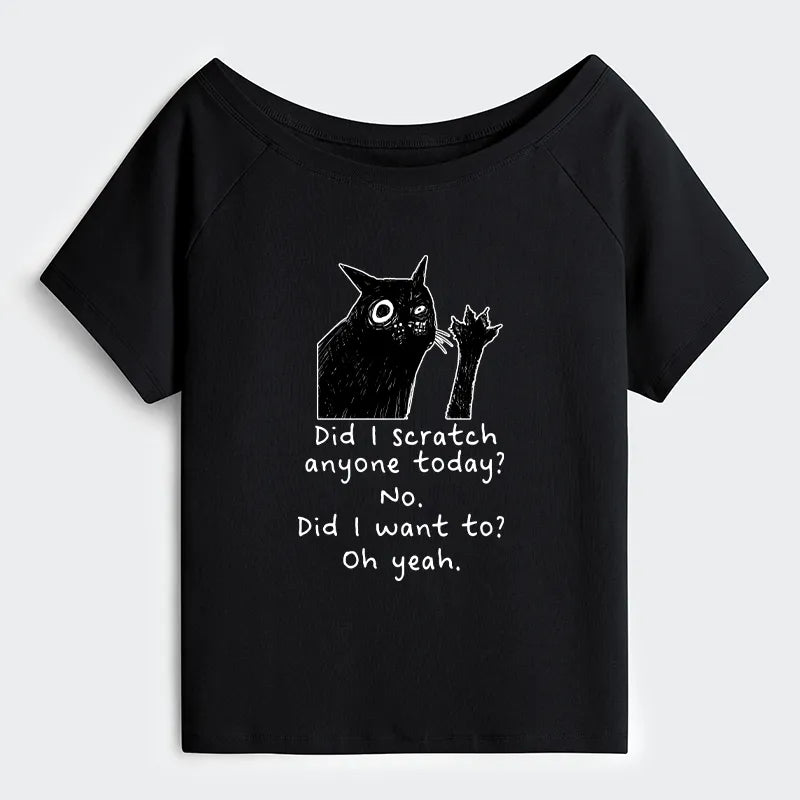 Kyoto-Lion Black Cat Scratches People Off Shoulder T-Shirt
