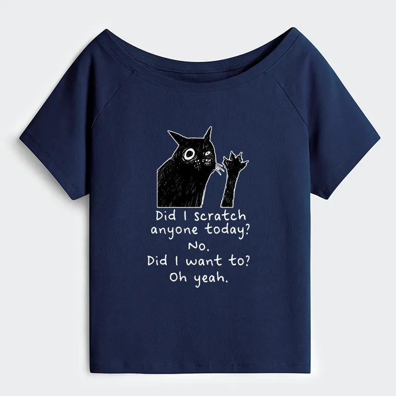 Kyoto-Lion Black Cat Scratches People Off Shoulder T-Shirt
