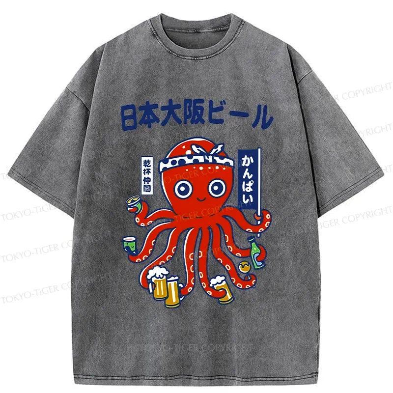 Kyoto-Lion Octopus Chef Drinking Beer Washed T-Shirt