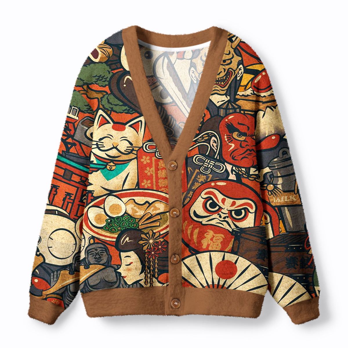 Kyoto-Lion Japanese Traditional Elements Ugly Cardigan Sweater